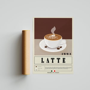 Latte Poster, Coffee Print, Italian Coffee, Retro Poster, Housewarming Gift, Kitchen Decor, Mid Century Poster, Minimalist Print