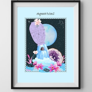 May include: A blue and purple illustration of the astrological sign Aquarius. The image features a purple pitcher pouring water into a blue stream, surrounded by pink flowers and a crescent moon. The text "aquarius" is written in black at the top of the image.