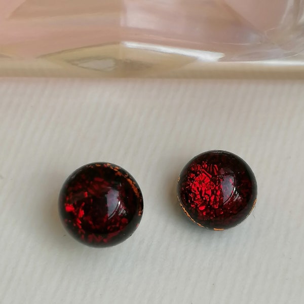 Round tiny drop stud earrings, ladybird red fused dichroic glass, birth color of July