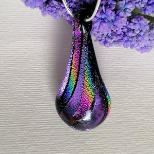Purple dichroic fused glass necklace, handmade rainbow colored dichroic glass pendant
