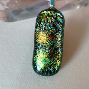 Gold green small, elegant, dichroic glass pendant, unique necklace, handmade holiday gift jewelry for women