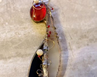 Collar con colgante de vidrieras rojas, joyería de cadena de plata hecha a mano