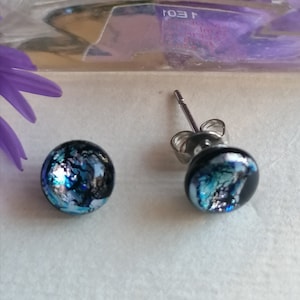 Dichroic fused glass ice blue or teal color earrings, sparkling handmade little jewel
