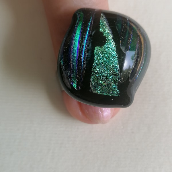 Unique dichroic glass ring, handmade blue, green fused glass jewelry