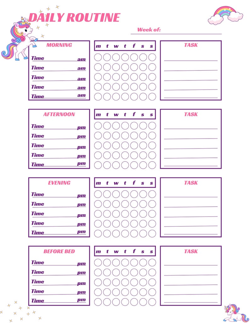 Unicorn Printable Daily Routine Chart, Daily Routine Chart for Kids ...