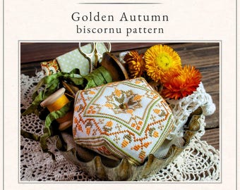 Golden Autumn Biscornu – Vintage Cross Stitch Pincushion Pattern (PDF)