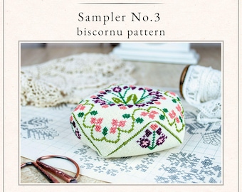 Cross Stitch Biscornu Pattern PDF – Sampler No. 3 – Pincushion – Stitching Studies Collection