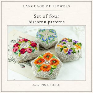 Set of Four Biscornu Cross Stitch Patterns Language of Flowers collection PDF Download