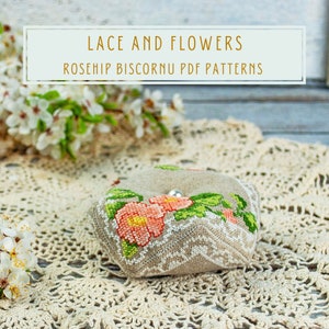 Cross stitch pattern Provence style Lace and Flowers Rosehip biscornu pin cushion  PDF download