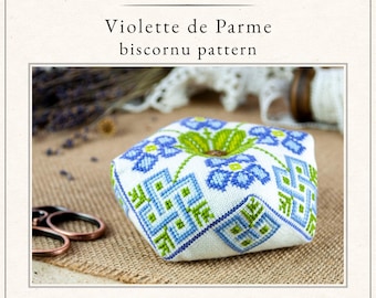Wzór haftu krzyżykowego Violette de Parme biscornu Kolekcja oper mydlanych PDF do pobrania