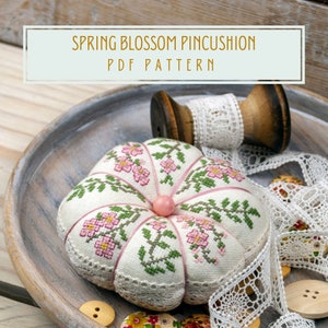 Cross stitch pattern round pincushion Spring blossom PDF