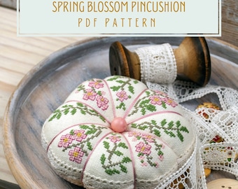 Cross stitch pattern round pincushion Spring blossom PDF