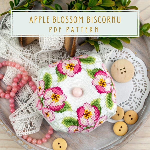 Cross stitch biscornu pattern Apple Blossom picushion PDF download