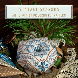 Schema punto croce stile Antique Winter biscornu Vintage Seasons serie PDF download immediato