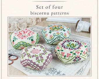Set of four Cross Stitch Biscornu Patterns PDF – Stitching Studies Collection