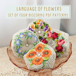 Set of four cross stitch patterns  for biscornu Language of Flowers series PDF instant download