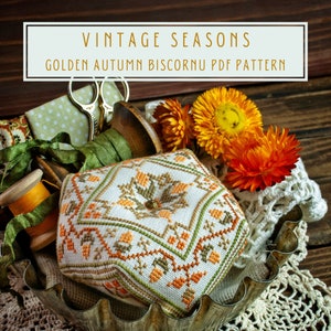 Cross stitch pattern  sampler-style Golden Autumn biscornu Vintage seasons series  PDF instant download