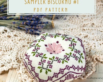 Cross stitch pattern vintage sampler-style biscornu pin cushion  PDF instant download chart Sampler Biscornu #1