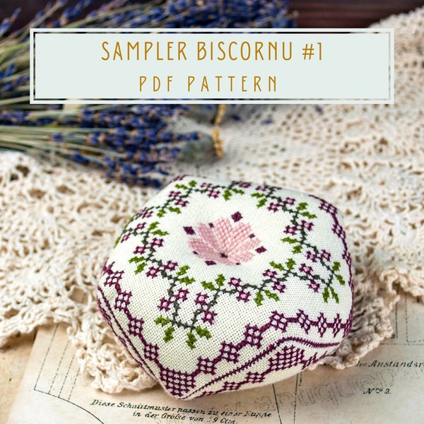 Cross stitch pattern vintage sampler-style biscornu pin cushion  PDF instant download chart Sampler Biscornu #1