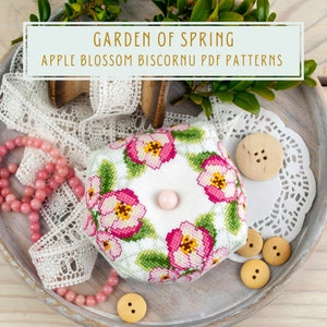 Cross stitch biscornu pattern Apple Blossom picushion PDF download