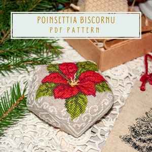 Cross stitch pattern Provence style biscornu pin cushion Poinsettia PDF download