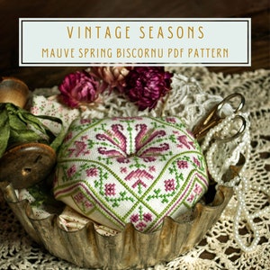 Cross stitch pattern vintage sampler-style Mauve Spring biscornu pin cushion  PDF instant download