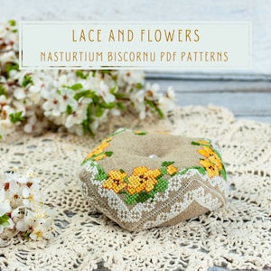 Cross stitch pattern Provence style biscornu pin cushion Nasturtium PDF download