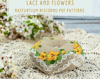 Cross stitch pattern Provence style biscornu pin cushion Nasturtium PDF download