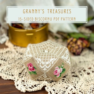 Cross stitch pattern 15-sided biscornu Provence style pin cushion Granny&#39;s Treasure PDF instant download