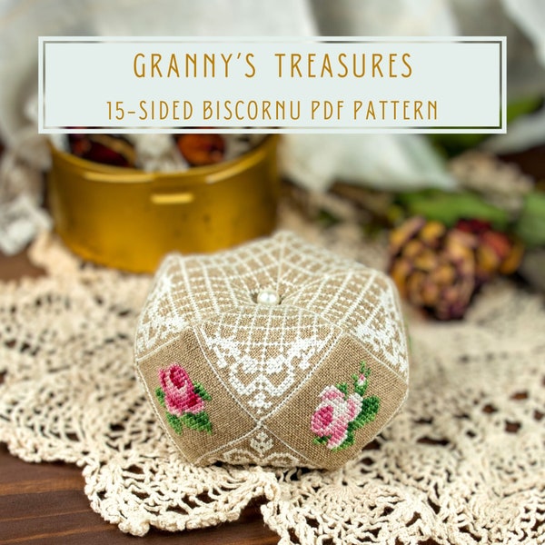 Cross stitch pattern 15-sided biscornu Provence style pin cushion Granny's Treasure PDF instant download