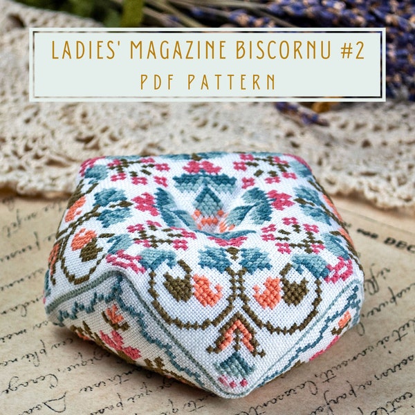 Motif de point de croix style vintage Ladies' Magazine biscornu #2 coussin à épingles PDF téléchargement immédiat