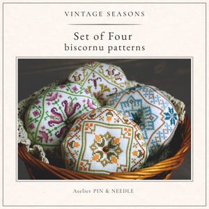Conjunto de patrones Vintage Seasons Biscornu: 4 patrones de alfileteros de punto de cruz de temporada (PDF)