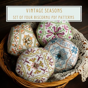 Cross stitch patterns  Vintage seasons sampler-style biscornu set PDF