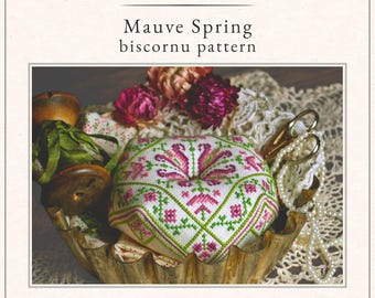 Mauve Spring Biscornu – Vintage Cross Stitch Pincushion Pattern (PDF)