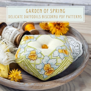 Cross stitch biscornu pattern Delicate Daffodils pincushion PDF download