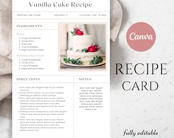 Recipe card | Editable Recipe Card Template | Vanilla Cake Recipe |  Vanilla buttercake Recipe | Printable Recipe Card, Digital Recipe Card