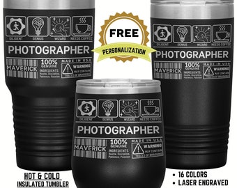 Funny Gift for PHOTOGRAPHER, Personalized Insulated Double Wall Tumbler, Laser Engraved Custom Name Iced Coffee Reusable Cup