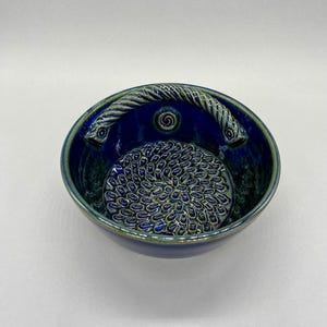 Garlic or Ginger Grater - 4.5&quot; Wheel-thrown High-fire Ceramic Pottery Garlic or Ginger Grater Dipping Bowl in Blue Green