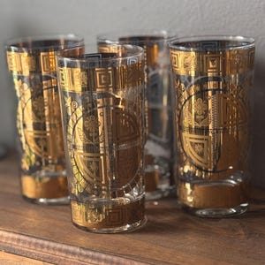 Culver 22K Coronet Geometric Floral Highball Glass Set