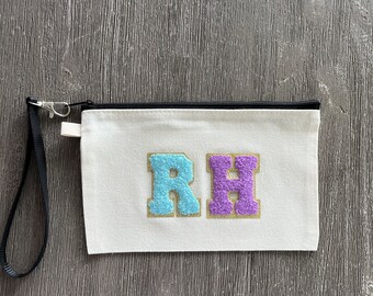 Zippered Canvas Wristlet Bag with Varsity Initials