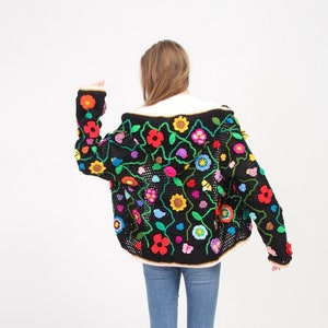Crochet Jacket, Hooded Black Sweater, Crochet Hooded Coat, Floral Sweater, for Woman Hooded Jacket, Cotton Boho Cardigan, Knitwear Sweater image 1