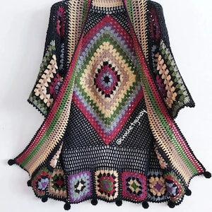 Crochet Granny Square Cardigan: Patchwork Cotton Bohemian Coat