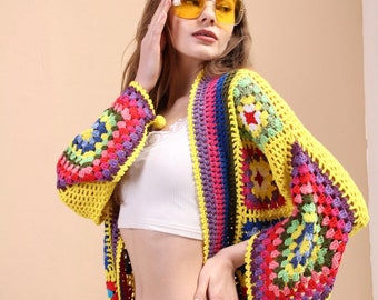 Crochet Boho Jacket, Yellow Granny Square Sweater, Patchwork Long Jacket, Yellow Kimono Cardigan, Granny Square Afghan Coat, Gift for her