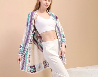 Whit Knit Sweater, White Crochet Jacket, White Kimono Cardigan, Cotton Patchwork Jacket, for Woman Sweater, Granny Square Afghan Coat, Gift