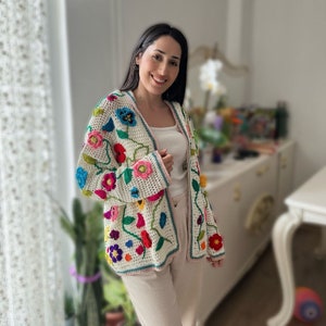 Crochet Boho jacket, Floral White Sweater, Crochet Cardigan for Women, Hooded White Sweater, Granny Square Afghan Cardigan,Gift for her