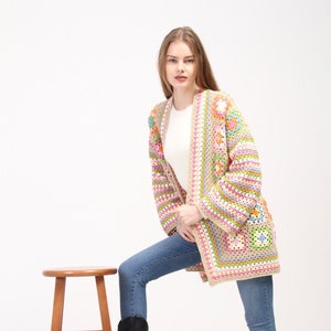 Crocheted Boho Sweater, Beige Crochet Sweater, Granny Square Cardigan, Cotton Patchwork Jacket, Long Afghan Coat, Women's Wear, Gift for her image 1