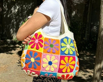 Sac carré grand-mère, sac à fleurs, sac multicolore, sac en patchwork, sac au crochet, sac bohème, sac à bandoulière, pour femme, sac d'été, cadeau pour elle