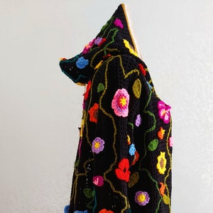 Crochet Black Sweater, Crochet Hooded Jacket, Floral Boho Coat, for Women Black Cardigan, Hooded Afghan Coat, Cristamas Gift, Handmade Coat