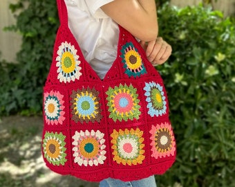 Crochet Granny Square Tote Bag: Red Boho Shoulder Bag, Handmade Hobo Bag