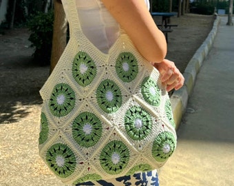 Granny Square Bag, Crochet Bag, Patchwork Bag, Boho Bag, Shoulder Bag, Crochet Tote Bag, White Crochet Bag, Handmade Bag, Gift for her